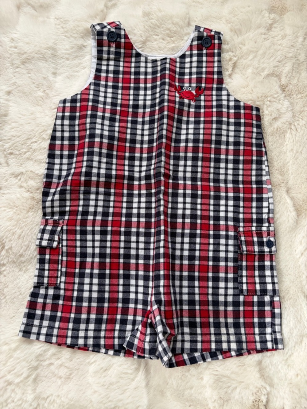 Good Lad Red, Black & White Plaid Overalls with Crab Patch